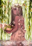  1girl artist_name breasts brown_eyes brown_hair dark_skin dress from_behind hat hat_removed head_wreath headwear_removed highres leaf long_hair looking_at_viewer medium_breasts mika_pika_zo original outdoors smile solo sun_hat sundress wading water white_dress 
