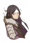  1girl 2016 armor black_hair bluleaves blush commentary dated fire_emblem fire_emblem:_kakusei fur_trim grey_eyes headband highres hime_cut japanese_clothes long_hair looking_at_viewer sairi_(fire_emblem) signature simple_background solo star star-shaped_pupils symbol-shaped_pupils upper_body white_background 