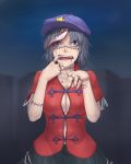  1girl beret black_hair blue_eyes breasts cleavage erect_nipples fangs finger_in_mouth hat highres jiangshi large_breasts ldl_(bcw1025) looking_at_viewer miyako_yoshika navel ofuda open_mouth scar sharp_teeth solo star stitches teeth touhou 