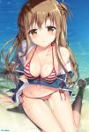  1girl :o arm_support asuna_(sao) beach bikini bikini_under_clothes blush breasts brown_eyes brown_hair cleavage front-tie_bikini front-tie_top long_hair looking_at_viewer medium_breasts navel ocean outdoors partially_submerged red_bikini sand school_uniform shiny shiny_skin side-tie_bikini solo sousouman striped striped_bikini swimsuit swimsuit_under_clothes sword_art_online thigh_gap undressing water 