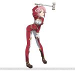  1girl gloves hair_ornament holding holding_weapon leaning_forward lisbeth long_hair looking_at_viewer pink_hair red_eyes short_hair simple_background smile solo sword_art_online sword_art_online:_code_register watermark weapon white_background white_gloves 