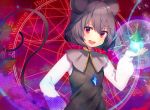  1girl :d animal_ears basket bishamonten&#039;s_pagoda blush capelet glowing grey_hair hand_on_hip highres jewelry koto_seori long_sleeves looking_at_viewer mouse mouse_ears mouse_tail nazrin open_mouth pendant puffy_long_sleeves puffy_sleeves red_eyes smile solo tail touhou upper_body 