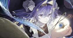  1girl absurdres apron beamed_sixteenth_notes black_dress black_hairband blonde_hair blue_eyes blue_hair bow_(music) colored_inner_hair dark_background dress eighth_note frilled_apron frills hair_intakes hair_ornament hairband hands_up highres instrument long_hair looking_at_object multicolored_hair musical_note nebula quarter_note reverse:1999 shin_such sixteenth_note solo star_(symbol) star_hair_ornament upper_body very_long_hair violin voyager_(reverse:1999) white_apron 