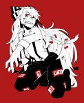  1girl bow clenched_teeth collared_shirt foreshortening fujiwara_no_mokou full_body hair_bow hosomitimiti kneeling long_hair looking_at_viewer monochrome red_background red_eyes shirt solo spot_color suspenders teeth touhou very_long_hair 