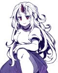  &gt;:) 1girl anarogumaaa horn hoshiguma_yuugi long_hair looking_at_viewer monochrome oni red_eyes short_sleeves skirt solo touhou 