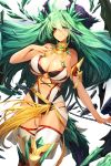  1girl armlet bare_shoulders blue_eyes breasts chains cleavage eyepatch green_hair highres jewelry large_breasts long_hair looking_at_viewer navel neck_ring o-ring parted_lips saramir_(soccer_spirits) shards snowball22 soccer_spirits solo standing thigh-highs very_long_hair white_legwear 
