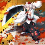  1girl animal_ears aono_meri autumn_leaves bare_shoulders black_pants closed_mouth detached_sleeves falling_leaves fighting_stance foreshortening from_above full_body geta hat highres inubashiri_momiji leaf_print light_smile long_sleeves looking_at_viewer looking_up pants path red_eyes red_ribbon ribbon ribbon-trimmed_clothes ribbon-trimmed_sleeves ribbon_trim road sleeveless smile socks solo stance tabi tail tengu-geta tokin_hat touhou turtleneck unsheathed white_legwear wide_sleeves wolf_ears wolf_tail 