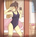  1girl bed blush child densetsu_no_kuma female holding_phone indoors mirror one-piece_swimsuit original phone ponytail reflection self_shot short_hair solo swimsuit v 