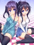 2girls arm_support bare_shoulders black_hair black_legwear blue_eyes blush breasts checkered checkered_floor cleavage elbow_gloves fingerless_gloves gloves hair_ornament hairclip long_hair long_sleeves looking_at_viewer mokufuu multiple_girls off-shoulder_sweater open_mouth original ponytail purple_hair sitting sleeves_past_wrists smile sweater sweater_dress thigh-highs tied_hair toeless_legwear twintails wariza white_gloves 