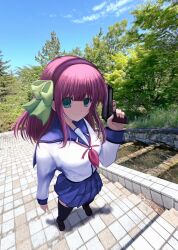  1girl angel_beats! beretta_92 black_thighhighs blue_sailor_collar blue_skirt blue_sky breasts brown_shoes closed_mouth clouds full_body green_eyes green_ribbon gun hair_ribbon handgun highres holding holding_gun holding_weapon loafers long_sleeves looking_at_viewer medium_breasts medium_hair nakamura_yuri neckerchief nemu_(zutto_oyasu3) on_stairs outdoors photo_background pleated_skirt purple_hair red_neckerchief ribbon sailor_collar school_uniform serafuku shinda_sekai_sensen_uniform shirt shoes sidelocks skirt sky smile solo stairs standing thigh-highs tree weapon white_shirt 