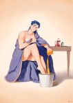 1boy blanket blue_hair blush bucket fate/stay_night fate_(series) lancer male_focus nude offcar parody pinup ponytail red_eyes solo 