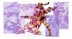  2girls 3boys absurdres aiming bandana desert_eagle flipped_hair gangsta_hold gun h&amp;k_mark_23 hand_on_ground handgun headband highres liquid_snake looking_to_the_side mei_ling meryl_silverburgh metal_gear_(series) metal_gear_solid multiple_boys multiple_girls official_art on_one_knee red_hair roy_campbell shinkawa_youji solid_snake standing weapon 