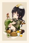  1girl ankle_socks bangs black_hair blunt_bangs border braid brown_background cake chibi eyebrows eyebrows_visible_through_hair food food_on_head ice_cream kantai_collection kitakami_(kantai_collection) knees_up licking_lips loafers long_hair malachite medal object_on_head school_uniform shoes short_sleeves sidelocks single_braid sitting skirt solo swiss_roll tongue tongue_out violet_eyes wafer_stick whipped_cream 