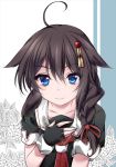  1girl ahoge black_serafuku blue_eyes braid brown_hair eyebrows eyebrows_visible_through_hair fingerless_gloves flower gloves hair_between_eyes hair_flaps hair_ornament hair_over_shoulder hair_ribbon hand_on_own_chest hikobae kantai_collection leaf light_smile looking_at_viewer neckerchief partially_colored remodel_(kantai_collection) ribbon school_uniform serafuku shigure_(kantai_collection) short_sleeves single_braid solo upper_body 