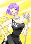  1girl absurdres black_dress blue_eyes breasts carina_(one_piece) cleavage dress fur_trim hair_bun highres jewelry microphone nail_polish necklace one_eye_closed one_piece one_piece_film_gold open_mouth purple_hair sayano_kk solo sparkle teeth 