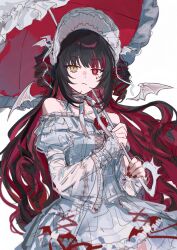  1girl bat_wings black_hair bonnet brown_eyes colored_inner_hair commentary dress drill_hair frilled_dress frills head_wings heterochromia highres holding holding_umbrella idolmaster idolmaster_shiny_colors idolmaster_shiny_colors_song_for_prism ikaruga_luca light_frown long_hair multicolored_hair nail_polish neck_ribbon off-shoulder_dress off_shoulder official_alternate_costume parasol raychelsoo red_eyes red_hair red_nails ribbon solo streaked_hair symbol-only_commentary twin_drills two-tone_hair two_side_up umbrella very_long_hair wavy_hair white_dress white_ribbon wings 