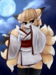  1girl artist_request brown_eyes female fox furry gradient gradient_background japanese_clothes multiple_tails open_mouth outdoors short_hair sky smoke_pipe solo thigh-highs 