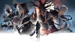 1girl 3boys bird black_hat black_pants bloodborne bonnet burial_blade character_request closed_eyes coat commentary_request fire flower gehrman_the_first_hunter hat highres holding holding_weapon hunter_(bloodborne) interlocked_fingers long_hair mask moon multiple_boys outdoors pants plain_doll saw saw_cleaver sd2190392804 sidelocks stairs standing sunflower tree tricorne weapon white_hair 
