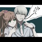  1boy 1girl brown_hair dangan_ronpa dangan_ronpa_3 enju1938 formal green_eyes grey_eyes labcoat letterboxed long_hair munakata_kyousuke necktie ponytail scrunchie silver_hair suit sweat yukizome_chisa 