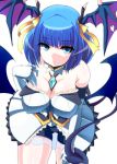  1girl :o bare_shoulders blue_eyes blue_hair breasts cleavage demon_girl demon_tail demon_wings detached_collar dress elbow_gloves erect_nipples gloves hair_ribbon head_wings ini_(mocomocccos) large_breasts leaning_forward looking_at_viewer medal original parted_lips ribbon short_hair shorts_under_skirt solo strapless tail white_background white_dress white_gloves wings yellow_ribbon 