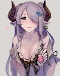  1girl bare_shoulders bikini blue_eyes blush breasts cleavage doraf earrings eyebrows eyebrows_visible_through_hair feeding food_on_body granblue_fantasy hair_ornament hair_over_one_eye heart holding horns jewelry large_breasts leaning_forward long_hair narumeia_(granblue_fantasy) open_mouth pointy_ears shaved_ice sidelocks simple_background solo spoon swimsuit walzrj white_bikini 