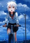  1girl bicycle black_skirt blue_sky character_request chestnut_mouth clouds cloudy_sky day grey_hair ground_vehicle hair_between_eyes highres inami_hatoko open_mouth original outdoors pleated_skirt power_lines red_eyes riding short_hair skirt sky socks solo telephone_pole white_legwear 