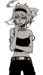  1girl abs alice_margatroid alternate_costume belt blue_eyes breasts camisole casual cigarette cleavage contemporary crossed_arms greyscale hairband hosomitimiti looking_to_the_side midriff monochrome nail_polish navel pants short_hair smoking solo spot_color strap_slip toned touhou 