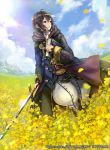  1girl artist_request black_hair book boots company_name copyright_name field fire_emblem fire_emblem:_kakusei fire_emblem_cipher flower flower_field full_body gloves holding holding_sword holding_weapon hood hood_down hooded_jacket jacket long_sleeves looking_away mark_(fire_emblem) official_art pants purple_jacket short_hair smile solo sword weapon white_pants 