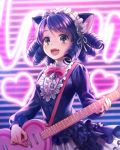  1girl animal_ears bell bow bowtie cat_ears cyan_(show_by_rock!!) dress drill_hair fang frilled_dress frills guitar heart instrument long_hair maid_headdress music open_mouth pink_bow playing_instrument purple_hair show_by_rock!! solo strawberry_heart yamyom 
