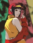  1girl 90s arm_up black_eyes cigarette cowboy_bebop faye_valentine from_side highres holding_cigarette light_smile lips looking_at_viewer midriff red_sweater redhead shirt short_hair sleeveless sleeveless_shirt smoke smoking snatti solo turtleneck white_skin yellow_hairband yellow_shirt 