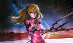  1girl at_field blonde_hair crossing end_of_evangelion highres lance_of_longinus lcl nebula neon_genesis_evangelion outstretched_arm plugsuit realistic red_lips solo souryuu_asuka_langley star_(sky) 
