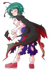  1girl alphes_(style) antennae back black_cape blue_shorts blush buttons cape collared_shirt commentary_request dairi defeat full_body green_eyes green_hair imperishable_night juliet_sleeves large_variant_set loafers long_sleeves open_mouth parody puffy_sleeves red_cape red_shoes rider_kick shirt shirt_tucked_in shoes short_hair shorts smile socks solo style_parody sweatdrop tachi-e torn_clothes touhou transparent_background two-sided_cape two-sided_fabric variant_set white_shirt white_socks wriggle_nightbug 