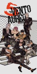  1girl 456123r0gue78 6+boys absurdres aqua_eyes black_hair black_suit blonde_hair blue_eyes bob_cut bruno_bucciarati chain-link_fence dress_shoes fence formal_clothes giorno_giovanna guido_mista highres holes jojo_no_kimyou_na_bouken leone_abbacchio long_hair looking_at_viewer multiple_boys narancia_ghirga pannacotta_fugo pink_hair suit trish_una violet_eyes 