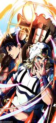  2boys absurdres artist_name blonde_hair blue_eyes blue_hair blue_lips blue_nails blue_shirt brown_gloves fibonacci_sequence fingerless_gloves fingernails gloves hat highres hood horseshoe horseshoe_ornament johnny_joestar jojo_no_kimyou_na_bouken jonathan_joestar looking_at_viewer multiple_boys muscular muscular_male nail_polish noonvincent phantom_blood pointy_ears shirt short_sleeves sky sleeveless star_(symbol) star_print steel_ball_run thick_eyebrows white_shirt 