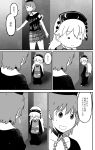  2girls clothes_writing comic english greyscale hecatia_lapislazuli highres junko_(touhou) monochrome multiple_girls no_nose parody plaid plaid_skirt polos_crown shirt sisikuku skirt style_parody t-shirt touhou translation_request yotsubato! younger 