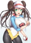  10s 1girl black_legwear breasts covered_navel double_bun gradient gradient_background green_eyes large_breasts legwear_under_shorts long_hair mei_(pokemon) nagase_haruhito open_mouth pantyhose poke_ball pokemon pokemon_(game) pokemon_bw2 raglan_sleeves shorts solo thick_thighs thighs visor_cap 