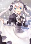  1girl alternate_costume apron blue_eyes enmaided fate/grand_order fate_(series) long_hair maid maid_apron marie_antoinette_(fate/grand_order) open_mouth sakuyosi silver_hair skirt_hold smile solo sparkle 