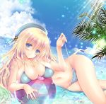  1girl atago_(kantai_collection) ball beach beachball beret bikini blonde_hair blue_eyes breasts cleavage clouds dutch_angle hat kantai_collection large_breasts long_hair lying ocean on_side oreiro palm_tree smile solo starfish swimsuit tree untied untied_bikini water 
