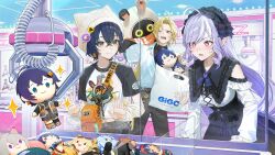  1boy 2girls absurdres ahoge alternate_costume arm_warmers astra_yao bag beanie belle_(zenless_zone_zero) ben_bigger blonde_hair blue_hair breasts burnice_white character_doll closed_mouth commentary_request crane_game crossed_bangs doll dress ellen_joe eous_(zenless_zone_zero) gigo grace_howard guest_art hair_between_eyes hairband hat highres holding holding_bag hugo_vlad indoors ju_fufu kushami_deso lolita_hairband long_hair medium_breasts multiple_girls nekomiya_mana one_eye_closed open_mouth pointy_ears purple_hair red_eyes seth_lowell shirt short_hair smile soukaku_(zenless_zone_zero) sweat t-shirt vivian_banshee zenless_zone_zero 