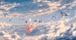  1girl barefoot closed_eyes clouds dress falling fish long_hair pink_hair rin_(shelter) shelter_(music_video) sky solo wenqing_yan 