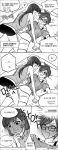  2girls bed blush comic commentary_request d.va_(overwatch) full-face_blush girl_on_top glasses greyscale highres hooreng korean midriff monochrome multiple_girls musical_note navel overwatch pillow quaver short_hair spoken_musical_note sweat tracer_(overwatch) translation_request yuri 