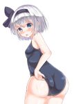  1girl absurdres adapted_costume adjusting_clothes adjusting_swimsuit blue_eyes highres konpaku_youmu looking_back one-piece_swimsuit otowa_(otoha4634) school_swimsuit silver_hair solo swimsuit touhou wet white_background 