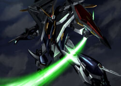  absurdres beam_rifle clouds cloudy_sky color_variation commentary_request energy_beam energy_gun energy_sword glowing glowing_eyes green_eyes gundam gundam_hathaway&#039;s_flash hayatefseiei highres machinery mecha mecha_focus mobile_suit no_humans original redesign robot science_fiction scope shield sky sword v-fin weapon xi_gundam 