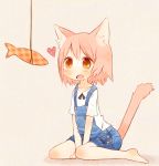  1girl animal_ears cat_ears cat_tail commentary_request dennou_usagi drooling fish heart orange_eyes original pink_hair short_hair shorts simple_background sitting solo suspender_shorts suspenders tail wariza 