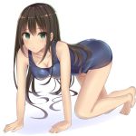  absurdres all_fours aqua_eyes blush breasts brown_hair cleavage earrings highres idolmaster idolmaster_cinderella_girls jewelry long_hair looking_at_viewer mizukoshi_(marumi) one-piece_swimsuit shibuya_rin sweatdrop swimsuit 