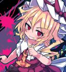  1girl ascot beni_shake blonde_hair bow clenched_teeth empty_eyes evil_grin evil_smile flandre_scarlet grin hat hat_bow laevatein mob_cap red_eyes side_ponytail smile solo teeth touhou 