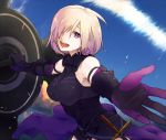  1girl :d armor blonde_hair breasts ecriture fate/grand_order fate_(series) gloves hair_over_one_eye head_tilt holding looking_at_viewer open_mouth outstretched_arms shield shielder_(fate/grand_order) smile solo violet_eyes 