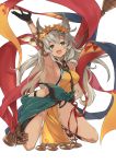  1girl :d a_(nanananaaannaa) animal_ears arm_up between_breasts black_gloves blush breasts cat_ears erun_(granblue_fantasy) flower gloves granblue_fantasy green_eyes hair_flower hair_ornament long_hair looking_at_viewer nemone open_mouth sandals sideboob simple_background smile solo squatting tan weapon white_background 