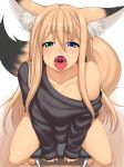  1girl animal_ears bare_legs barefoot black_shirt blonde_hair blue_eyes blush chair collarbone fangs fox_ears fox_girl fox_tail from_above green_eyes heterochromia long_hair long_sleeves looking_at_viewer off_shoulder open_mouth original shirt sidelocks sitting solo somejima tail v_arms 