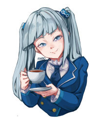  1girl blue_eyes blue_necktie blunt_bangs breasts closed_mouth cup findoworld formal_clothes hair_ornament highres holding holding_cup jacket long_hair long_sleeves looking_at_viewer necktie one_side_up original rkn-chan roskomnadzor russia russian_text shirt simple_background smile smirk smug solo suit tea teacup twintails upper_body white_background white_hair white_shirt 